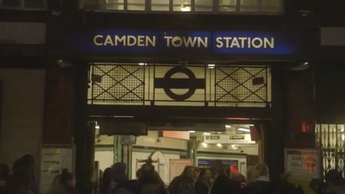 Still from Crowd Company at the Jazz Cafe: the entrance of Camden Town Station at night.
