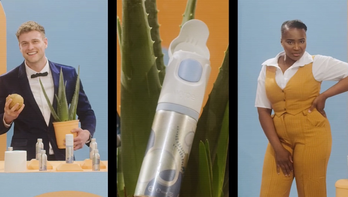 Still from the Wype film: a bright split-screen triptych with two presenters and the Wype bottle.